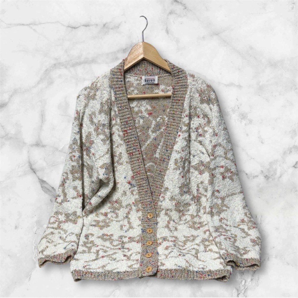 Keren Beige Cream speckled printed textured knit Cardigan button front siz
